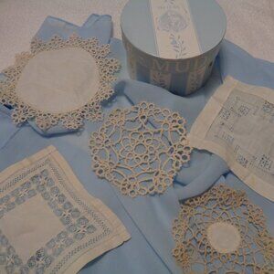 EARLY FRENCH BOUDOIR DELICATE LINENS OR DOILYS PLUS A TINY REPRO HAT BOX…